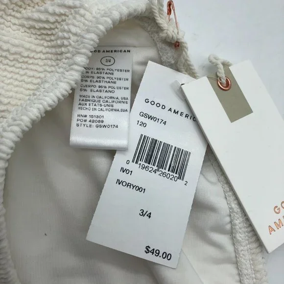 Good American Crinkle Basic Bandeau Bikini Top Textured Ivory 3/4